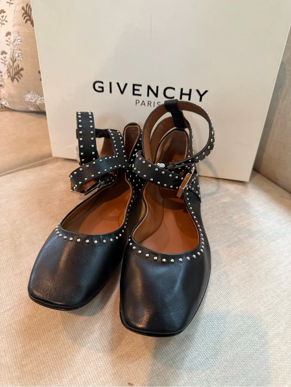 Givenchy Black Studded Leather Strappy Square-Toe Flats